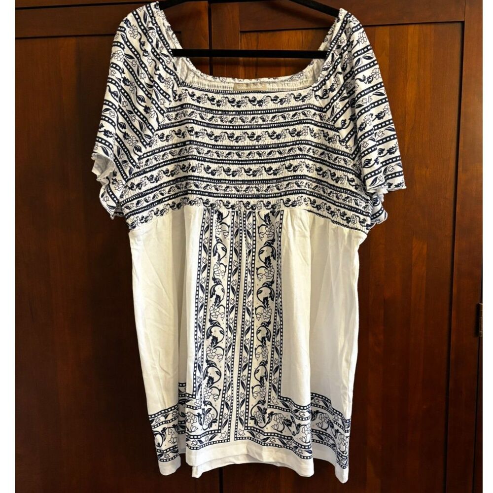 Blue White Smocked Peasant Tunic Top Plus Size Boho Floral Embellished Babydoll